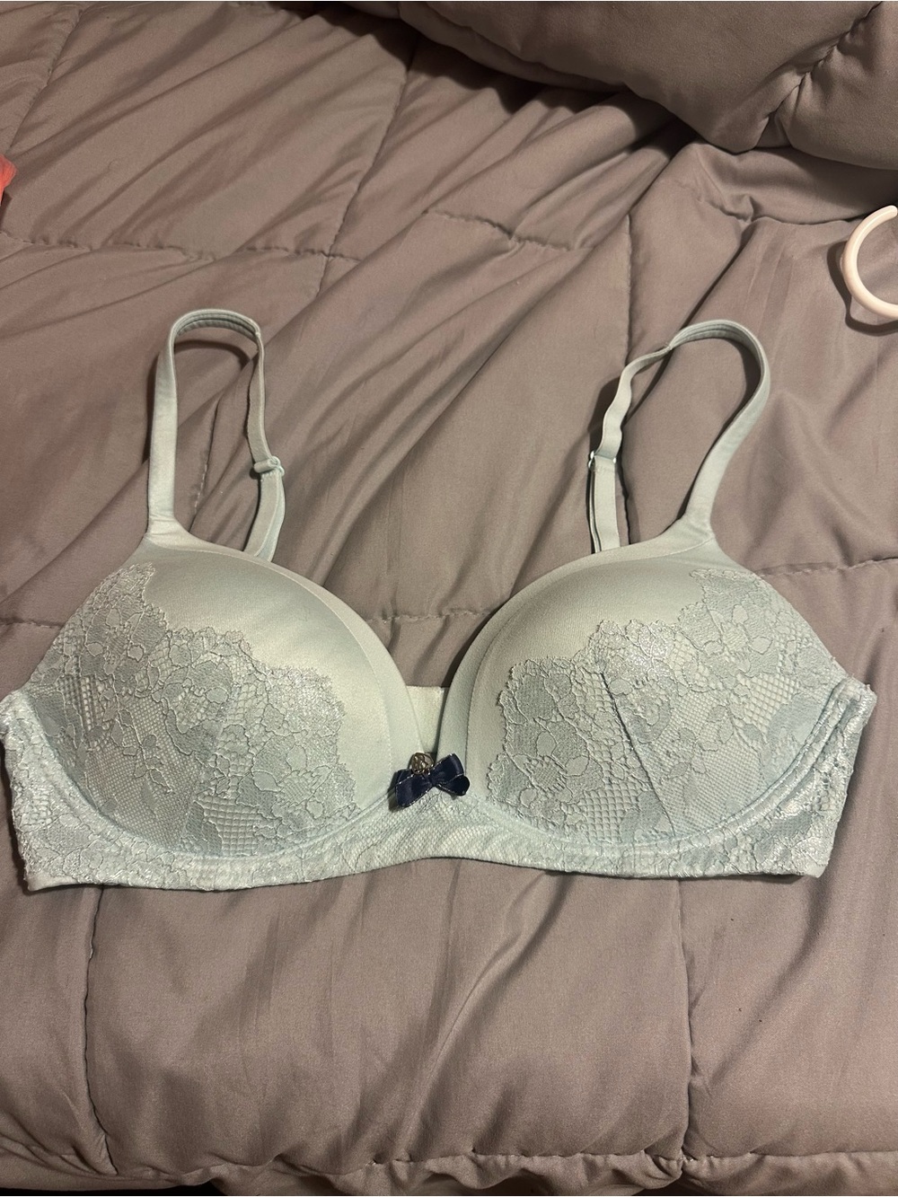 Victoria's Secret Light Blue Lace Push-Up Bra with Navy Bow